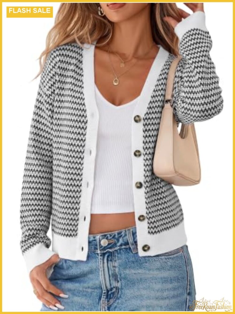 V Neck Button Front Striped Cardigan Sweater Cropped Cotton